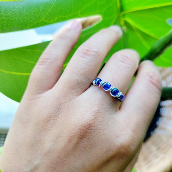 Jewelry - Dainty Handmade Blue Beaded Wire Ring, size 6